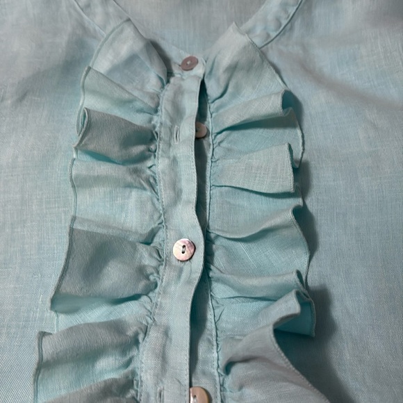 100%linen aqua blue ruffle button up tunic. 3/4 sleeve,  split hem. - Picture 1 of 16